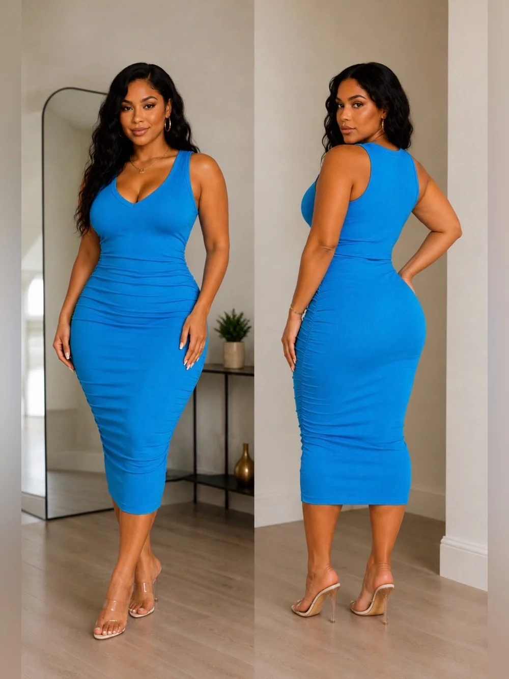 🩵 Bright Turquoise Blue V-Neck Midi Ruched Dress w/ Low Side Slit - size Small - Picture 3 of 15